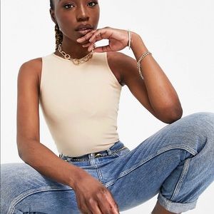 Tall basic bodysuit with racer neck in sand